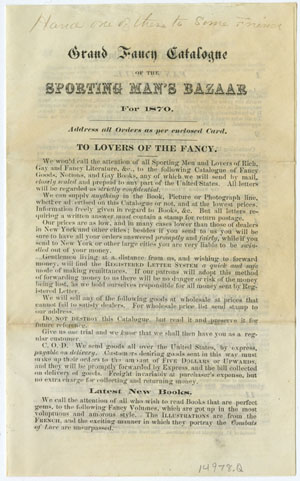 Grand Fancy Catalogue of the Sporting Man&rsquo;s Bazaar. [United States, 1870].